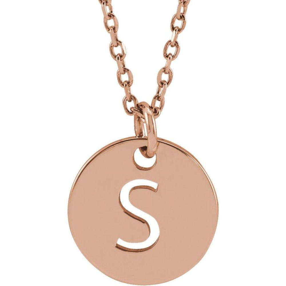 14k Rose Gold Initial S, Small 10mm Pierced Disc Necklace, 16-18 Inch